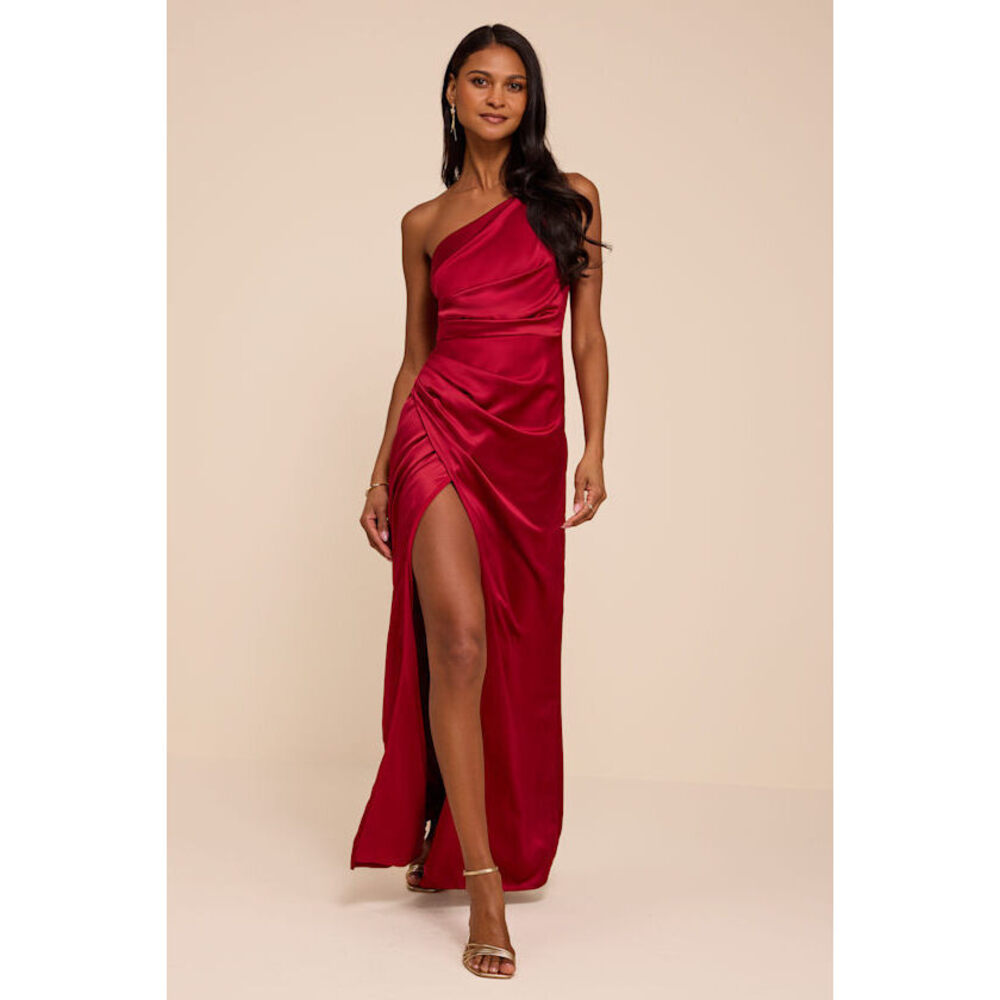 Lulus Dreaming Of Elegance Wine Red Satin One-shoulder Maxi Dress - Size XS